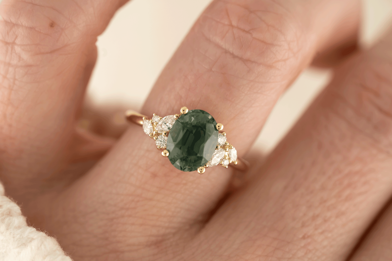 The Laurel Ring | 3.06 CT Oval Teal Green Sapphire