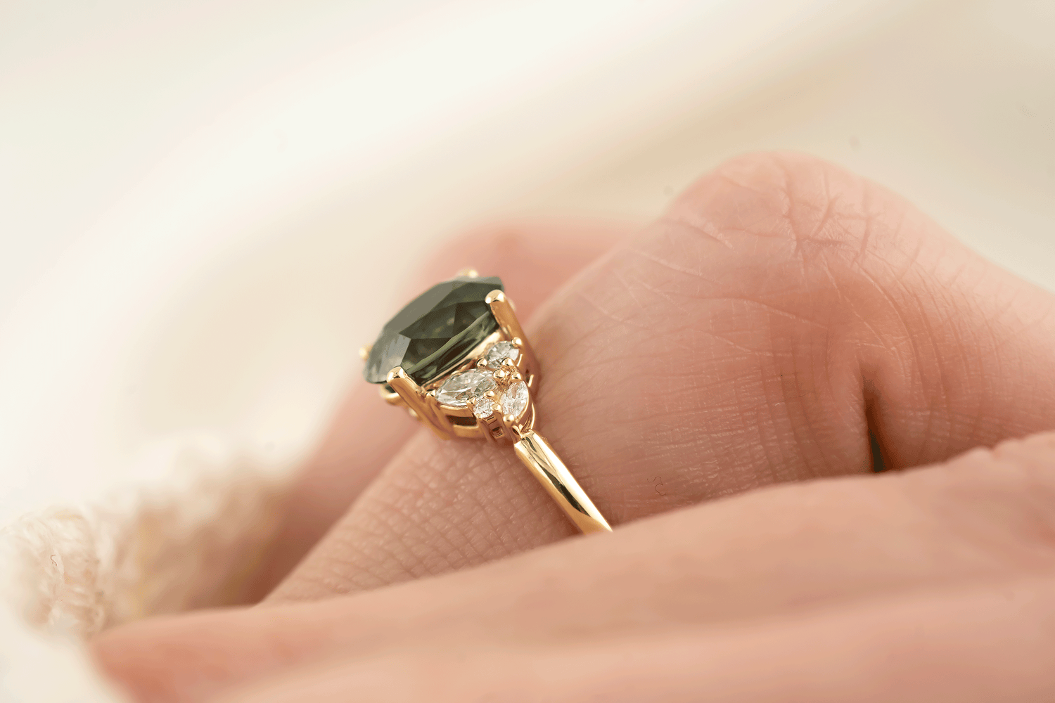 The Laurel Ring | 3.06 CT Oval Teal Green Sapphire