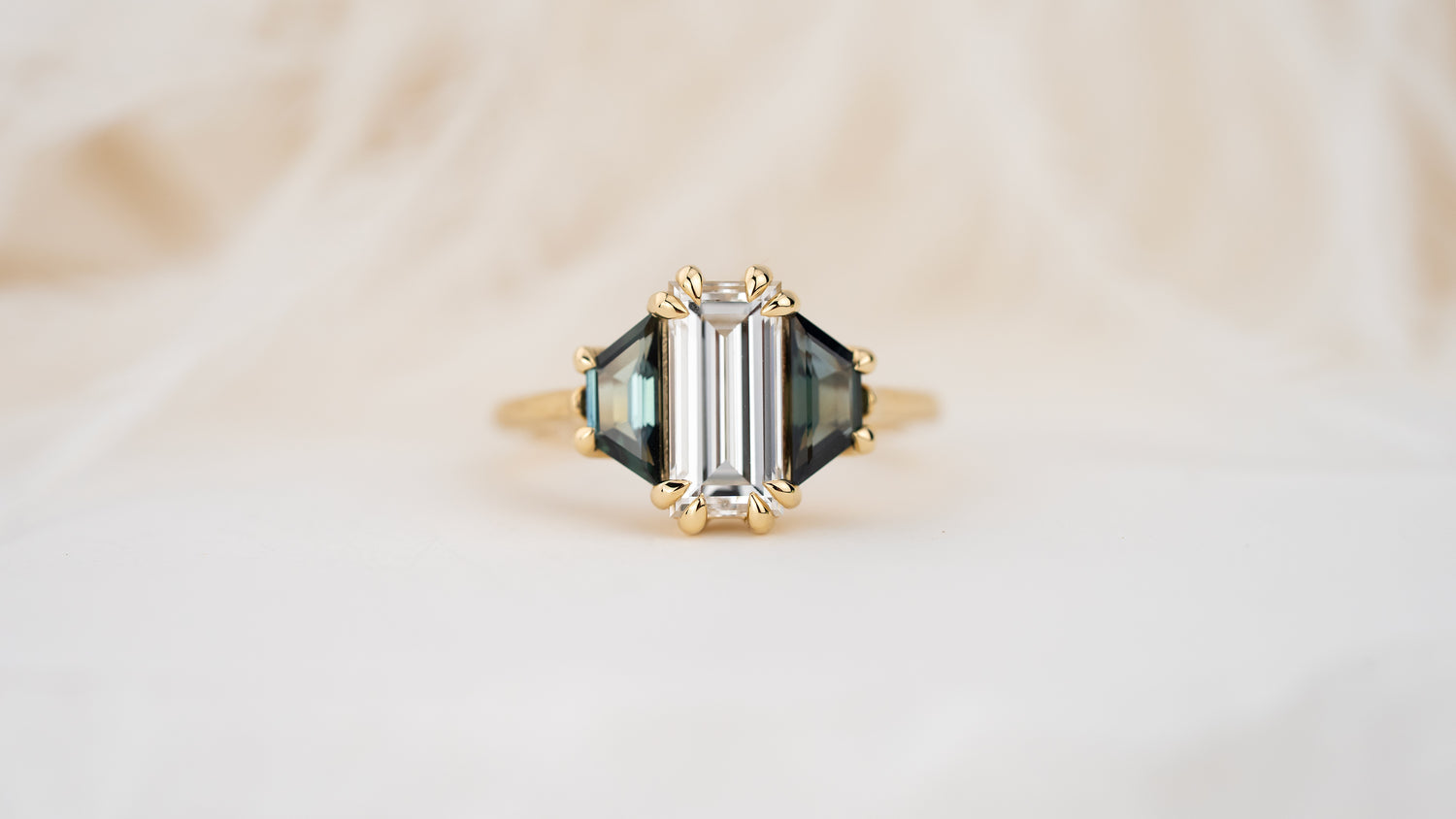 The Tria Ring | 1.67 CT Baguette Diamond + Teal Sapphire