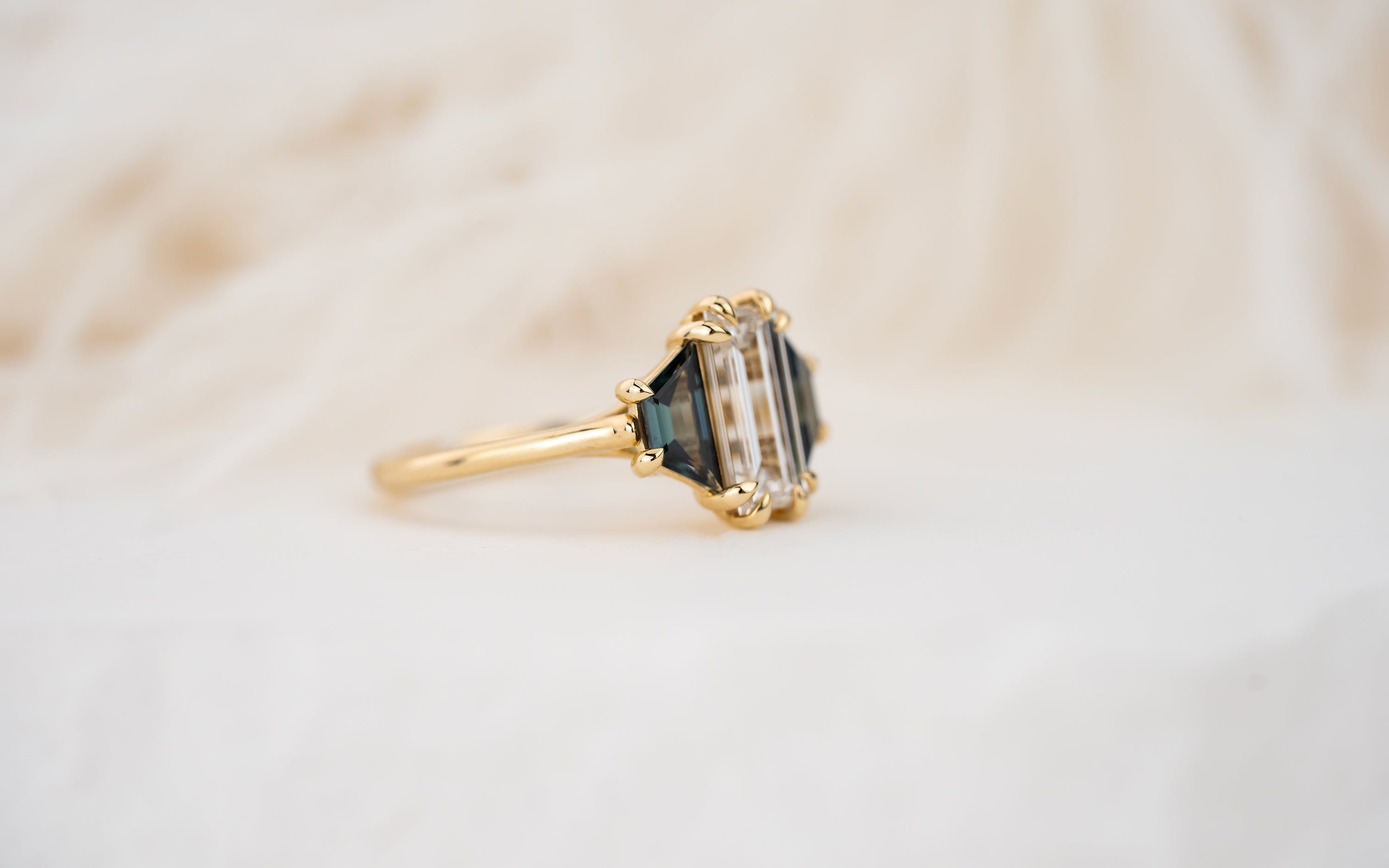 The Tria Ring | 1.67 CT Baguette Diamond + Teal Sapphire
