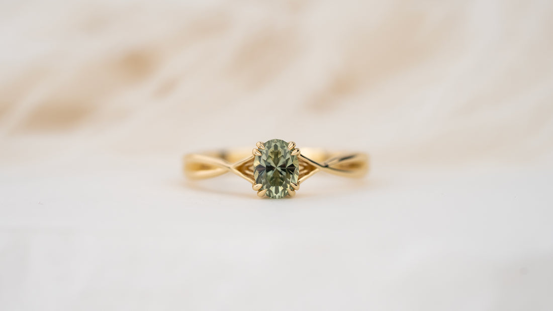 The Fates Ring | 1.1 CT Oval Regal Radiant™ Green Montana Sapphire