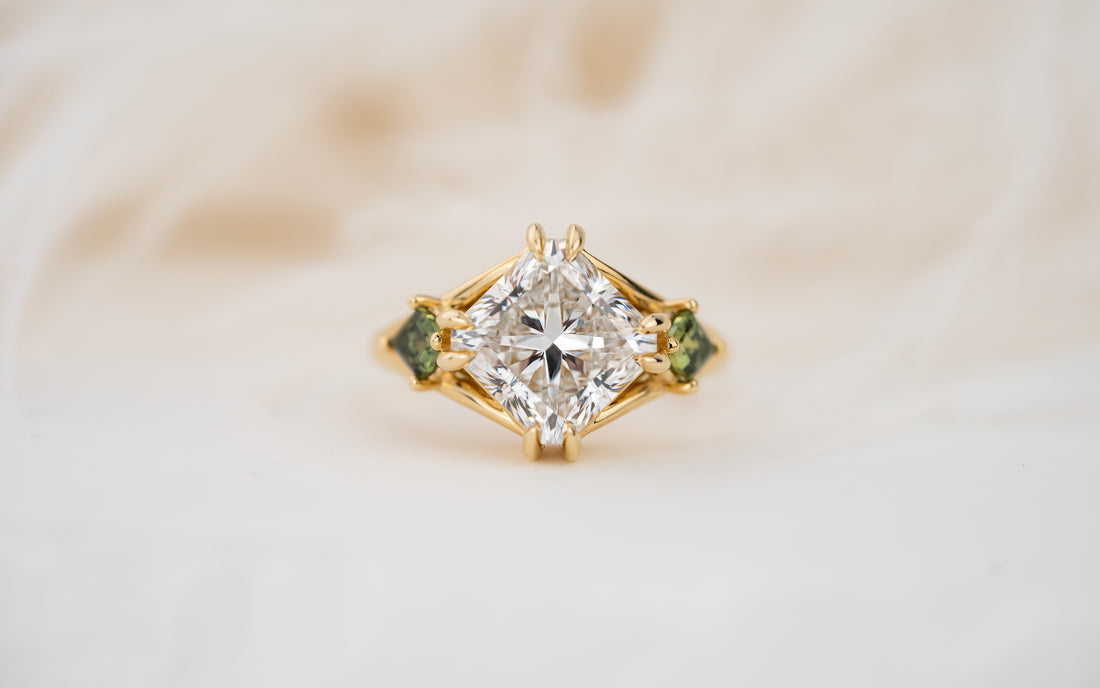 The Willow Ring | 4 CT Square Radiant Diamond + Kite Green Sapphire