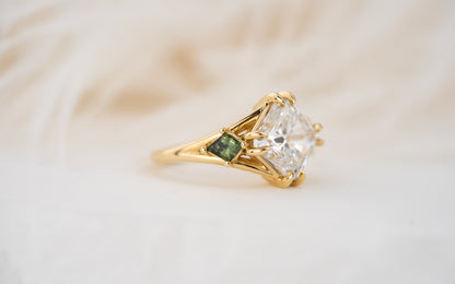 The Willow Ring | 4 CT Square Radiant Diamond + Kite Green Sapphire