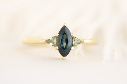 The Juniper Ring - 0.59 CT Marquise Blue Sapphire + Green Sapphire - Lavender Creek Gems 