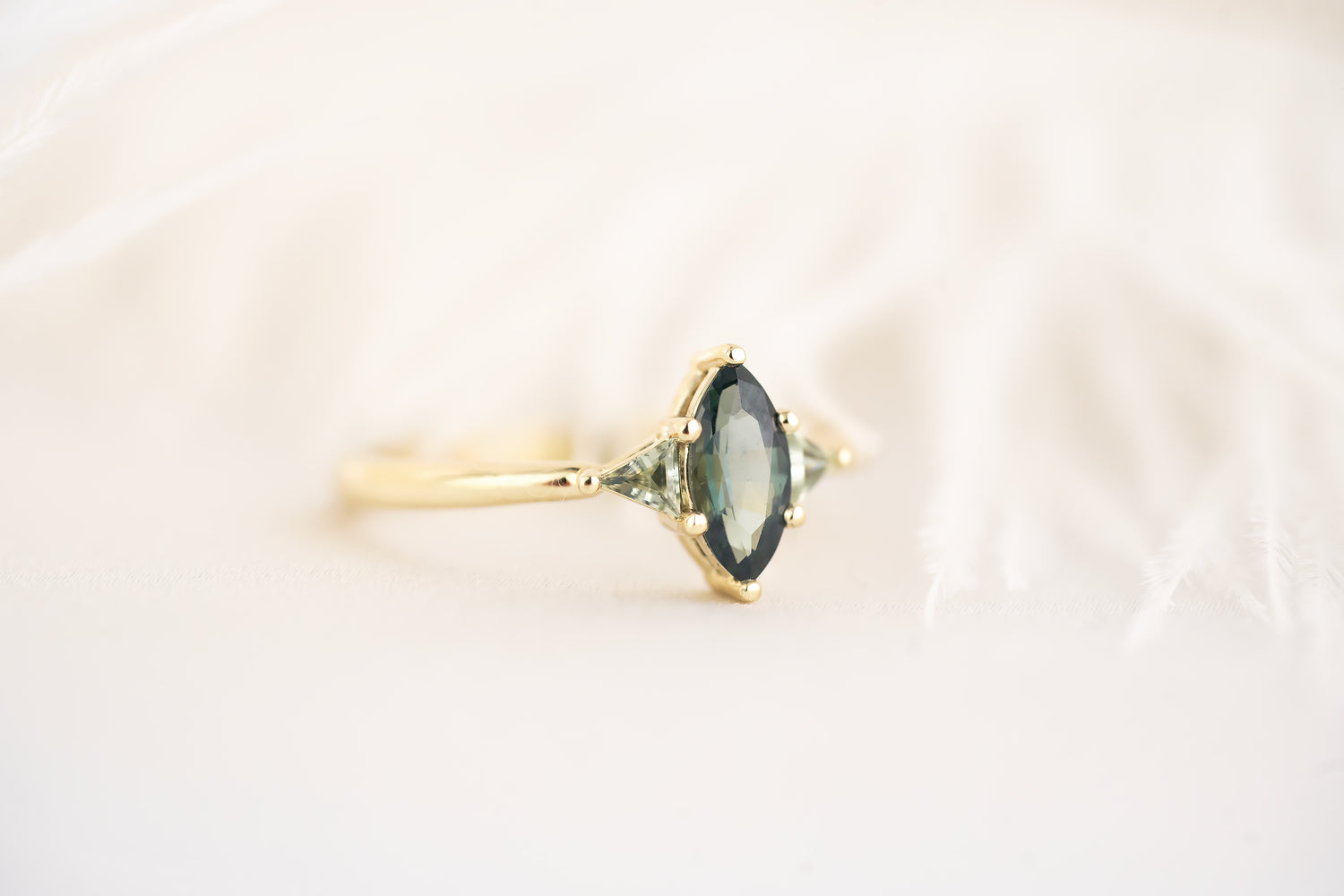 The Juniper Ring - 0.59 CT Marquise Blue Sapphire + Green Sapphire - Lavender Creek Gems 