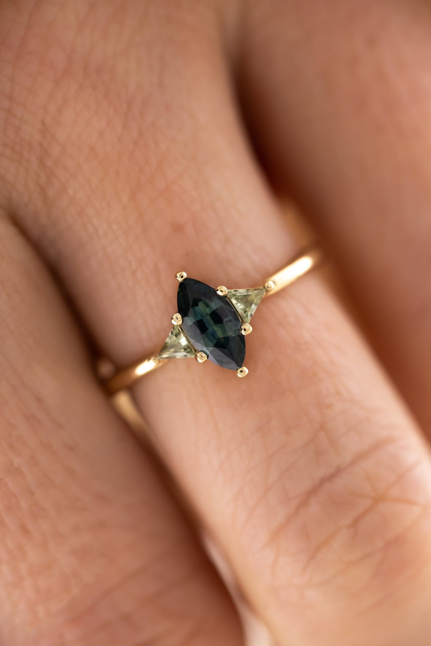 The Juniper Ring - 0.59 CT Marquise Blue Sapphire + Green Sapphire - Lavender Creek Gems 