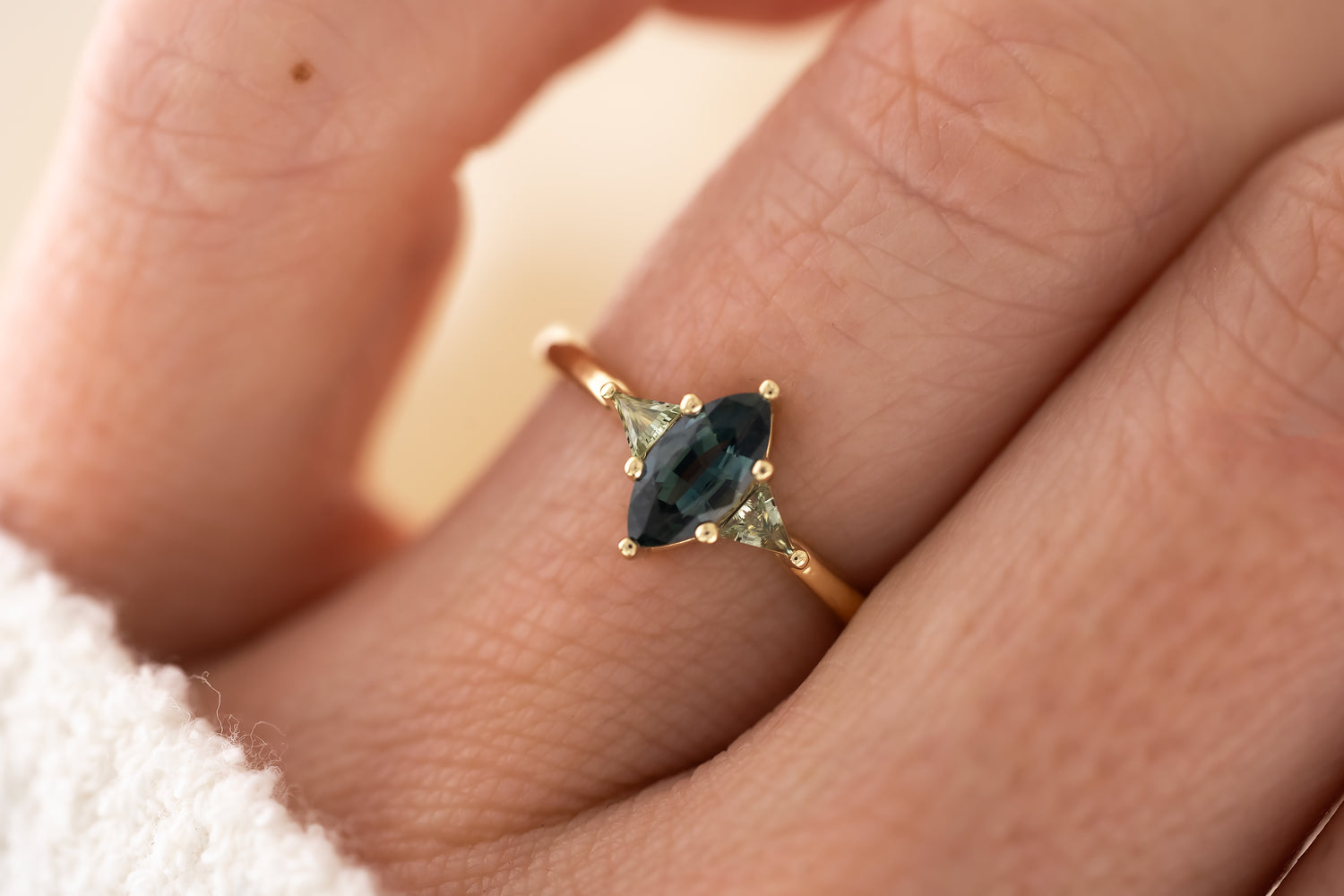 The Juniper Ring - 0.59 CT Marquise Blue Sapphire + Green Sapphire - Lavender Creek Gems 