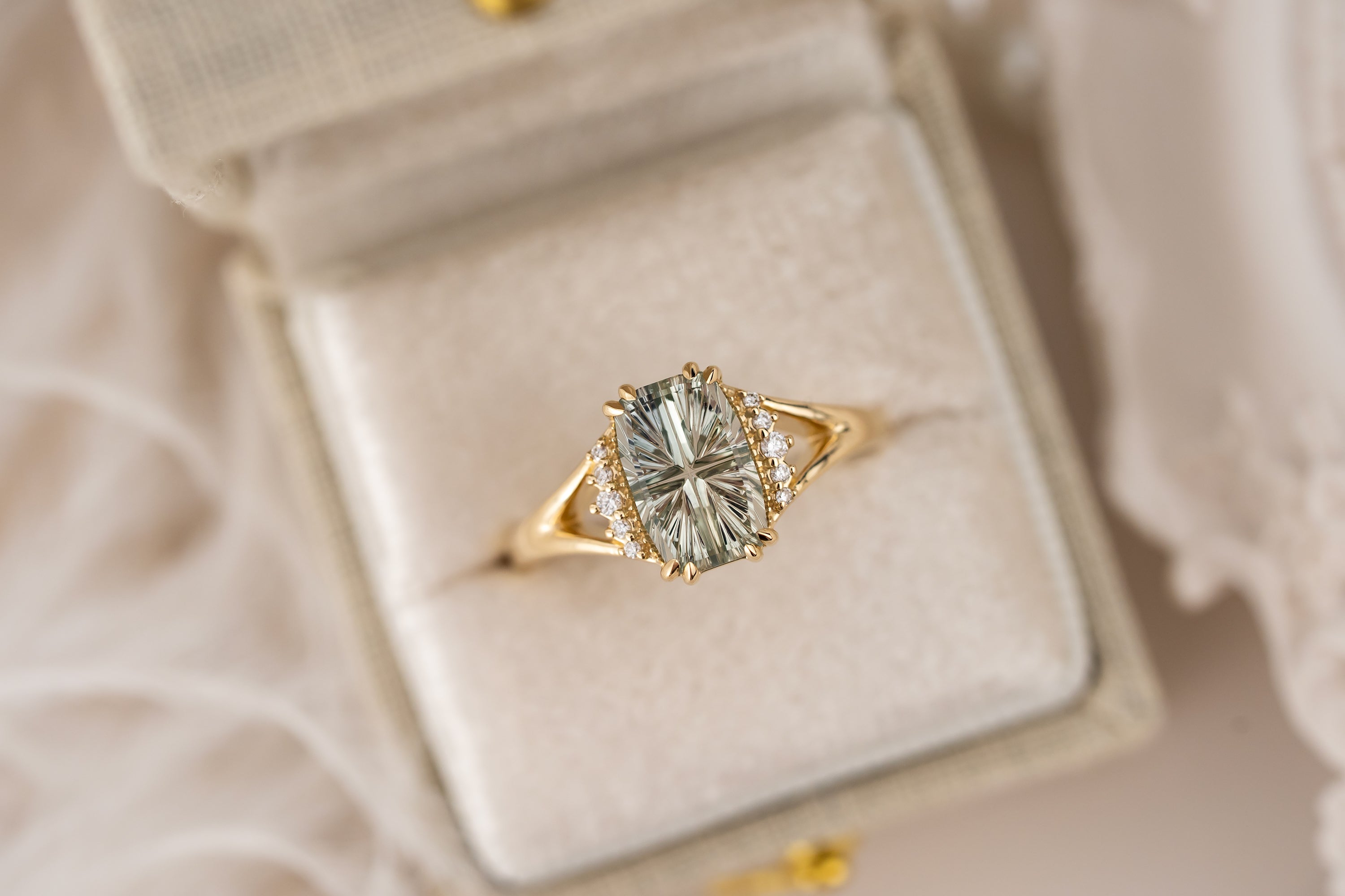 The Serendipity Ring | 2.15 CT Elongated Cushion Starbrite™ Light Green Montana Sapphire