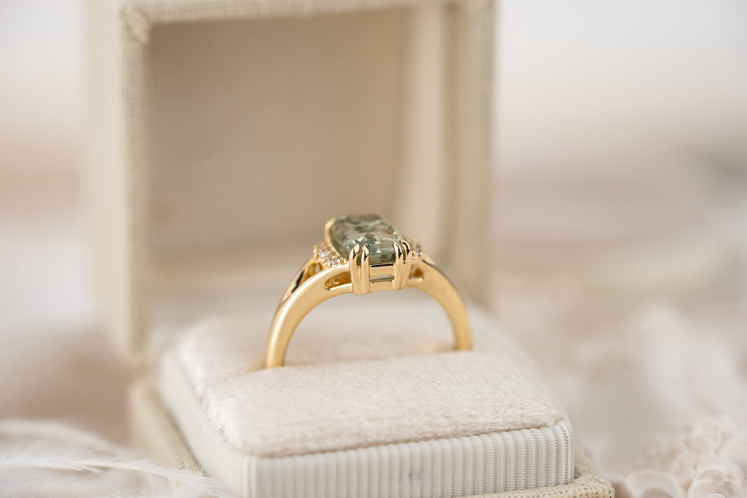 The Serendipity Ring | 2.15 CT Elongated Cushion Starbrite™ Light Green Montana Sapphire