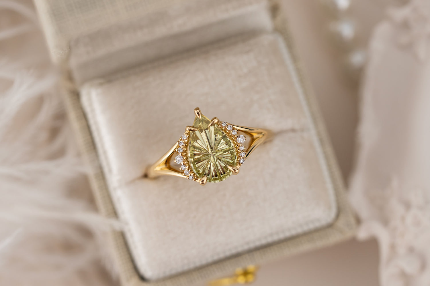 The Serendipity Ring | 1.56 CT Pear Starbrite™ Yellow Green Montana Sapphire