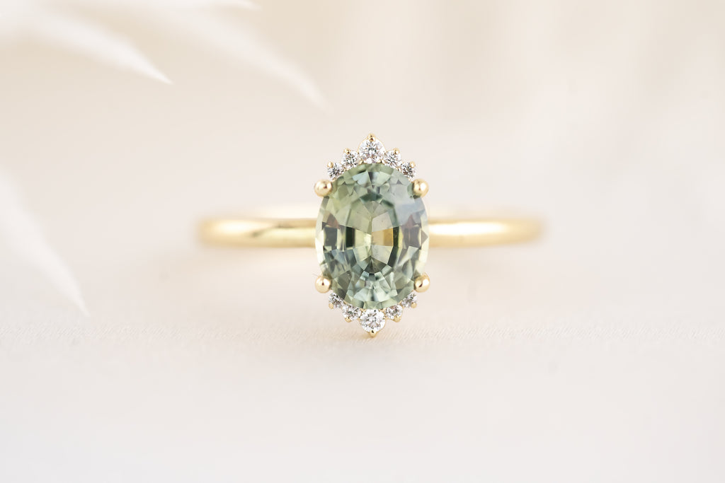 The Half Halo Ring - 1.54 CT Oval Minty Teal Montana Sapphire - Lavender Creek Gems 