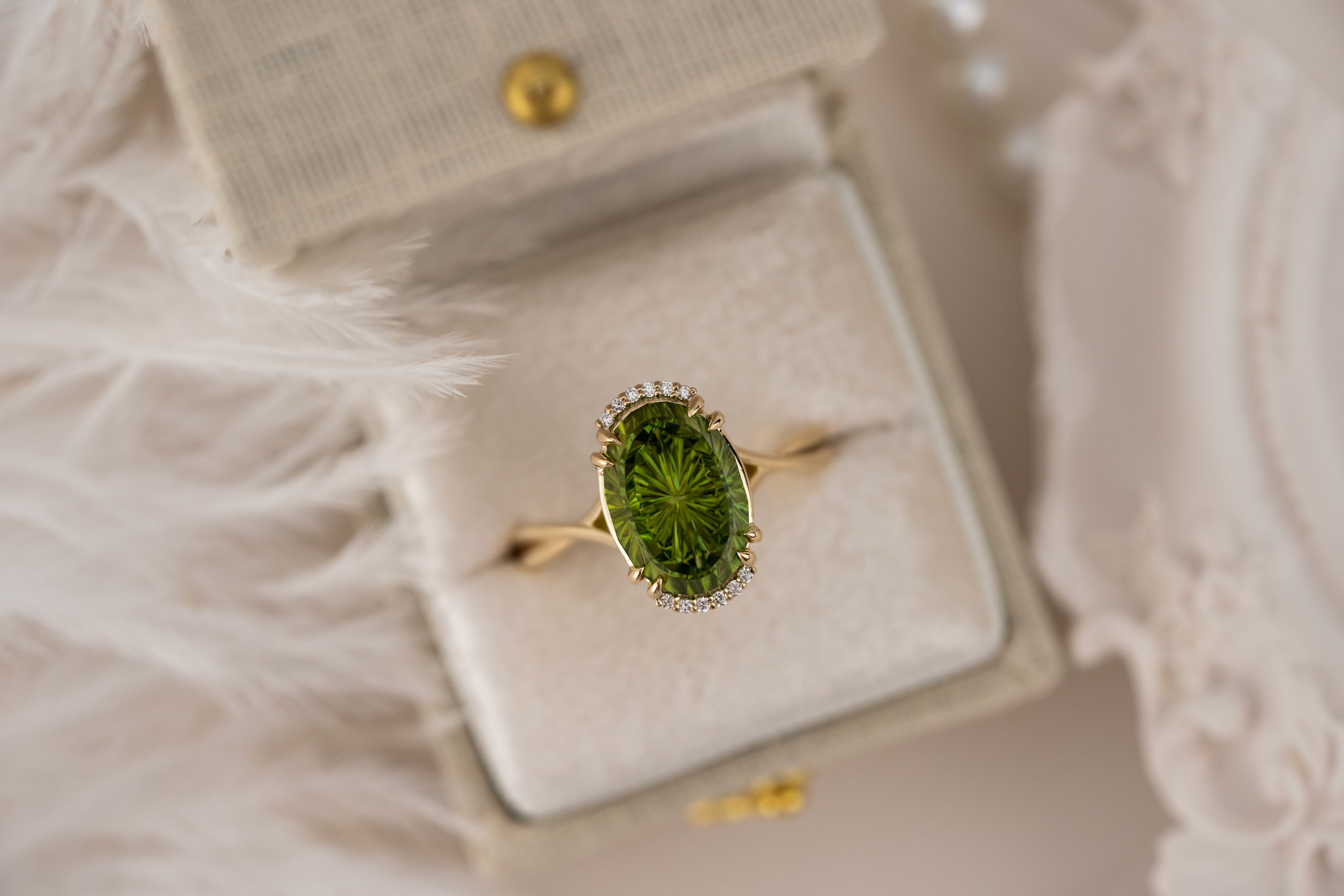 The Fates Ring - Half Halo | 4.35 Oval Starbrite™ Green Tourmaline