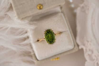 The Fates Ring - Half Halo | 4.35 Oval Starbrite™ Green Tourmaline