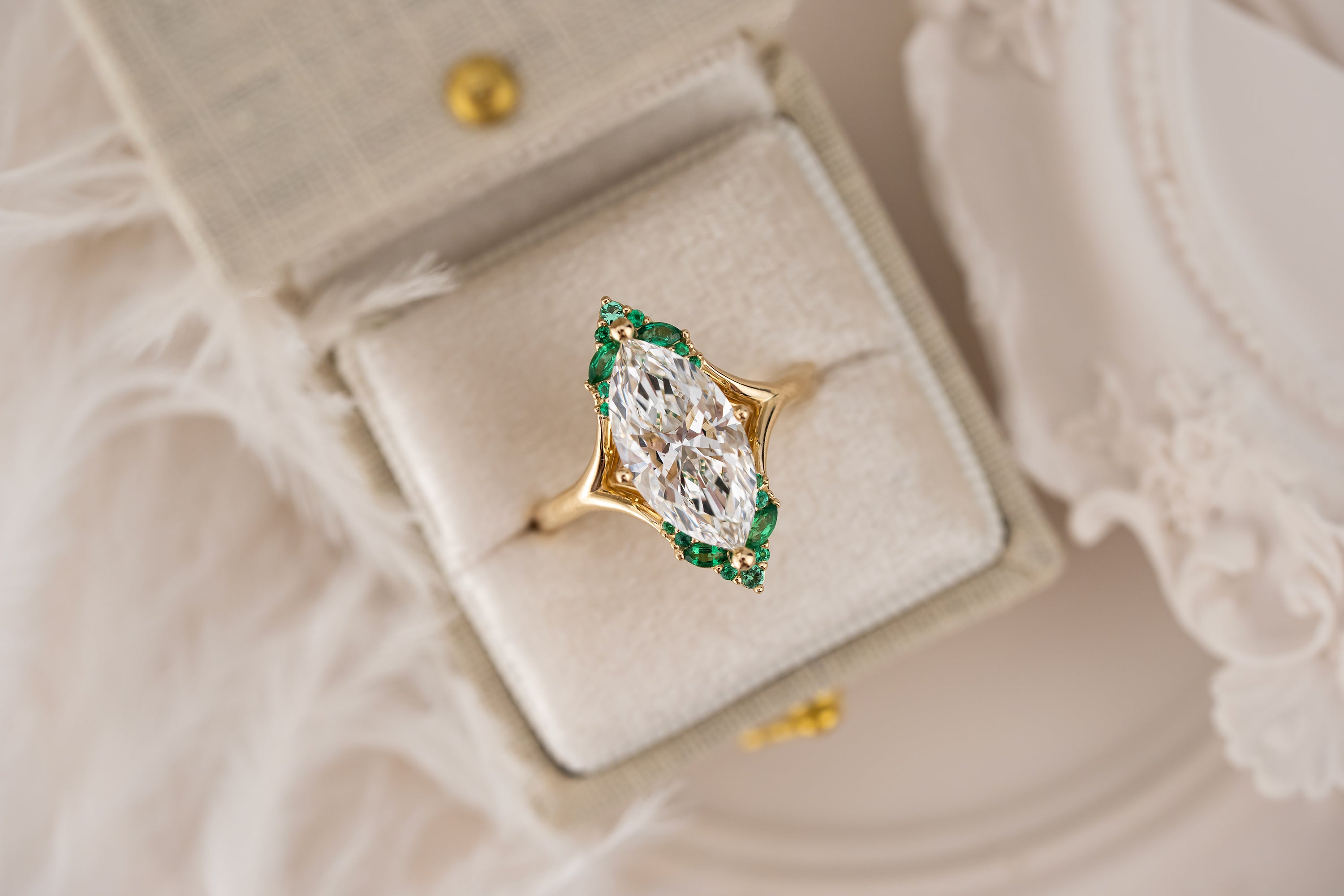 The Everlight Ring | 3 CT Marquise Diamond + Emerald Accents