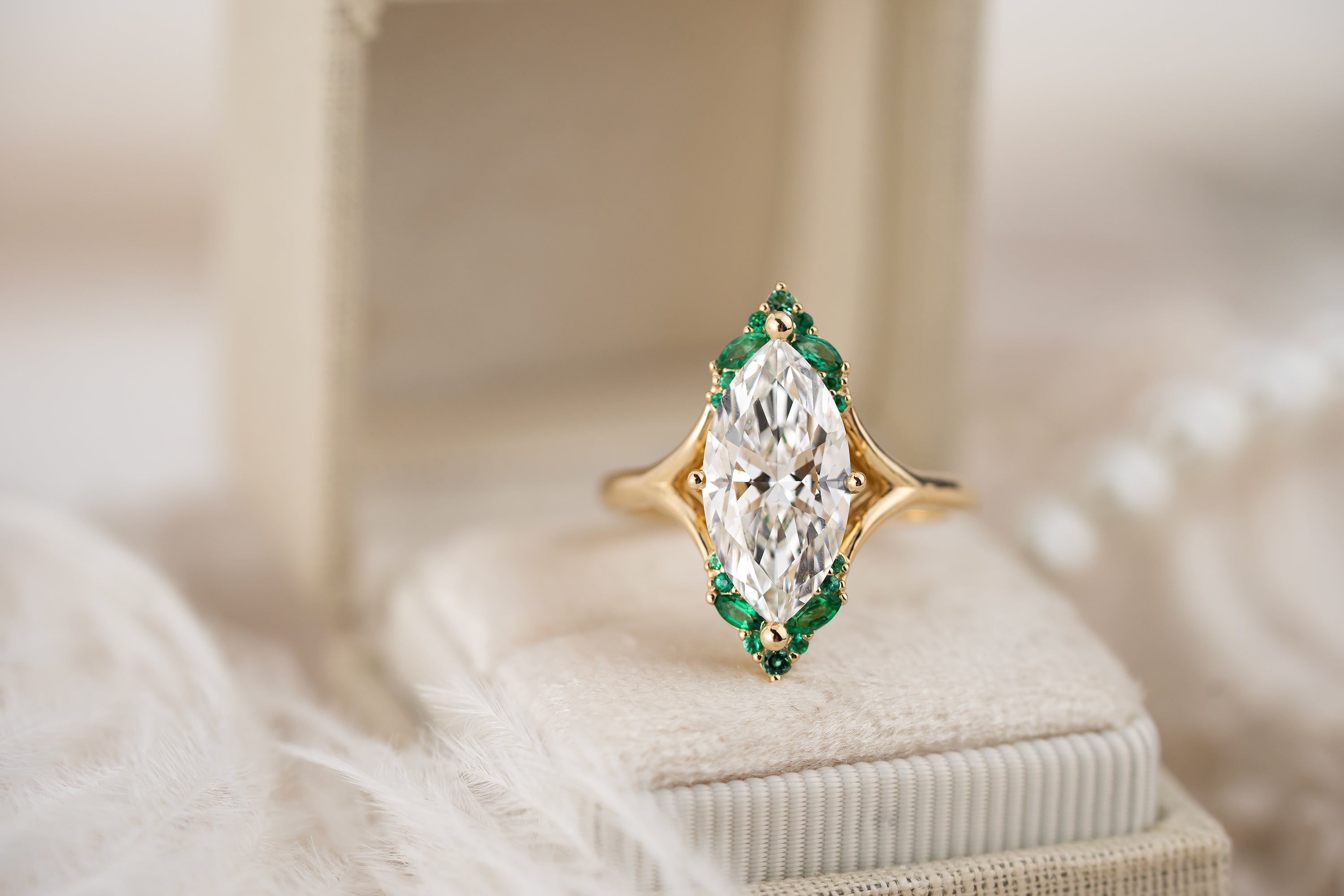 The Everlight Ring | 3 CT Marquise Diamond + Emerald Accents