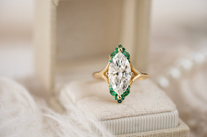 The Everlight Ring | 3 CT Marquise Diamond + Emerald Accents