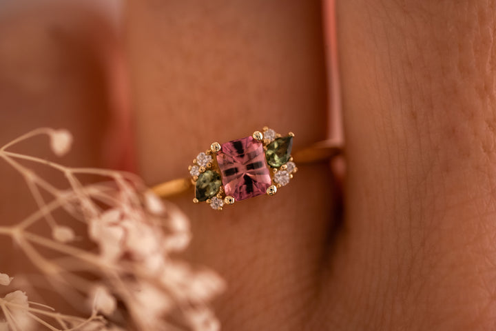 The Fleur 0.48 CT Pink Tourmaline + Green Sapphire Ring