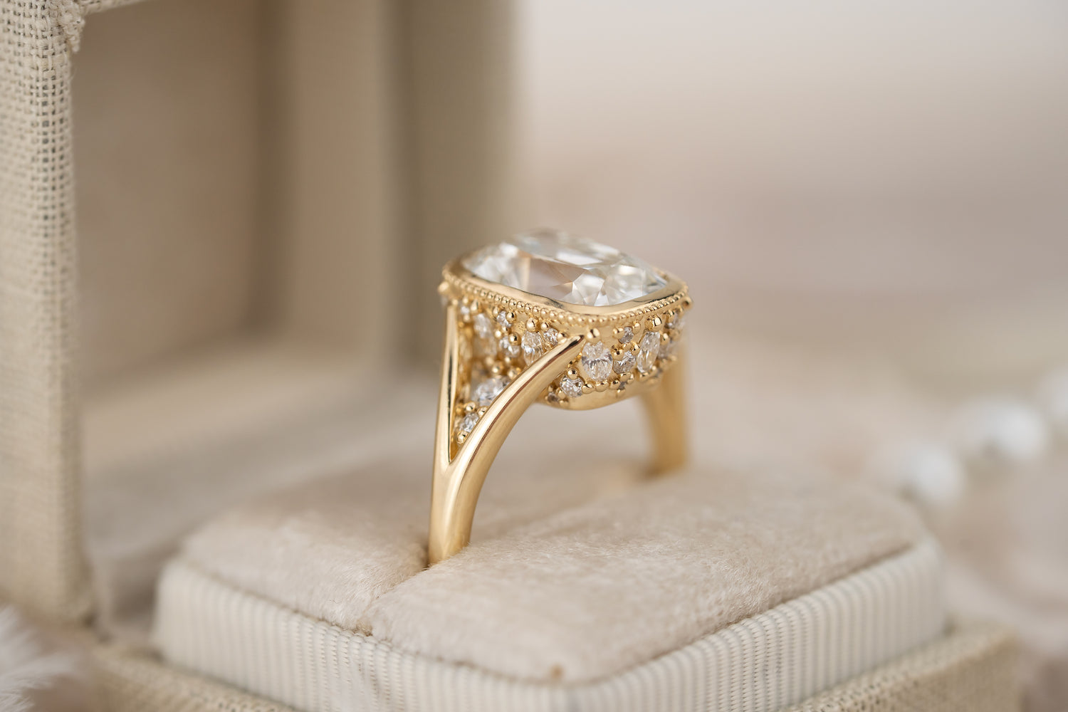 The Sitara Ring | 4 CT Old Mine Elongated Cushion Diamond