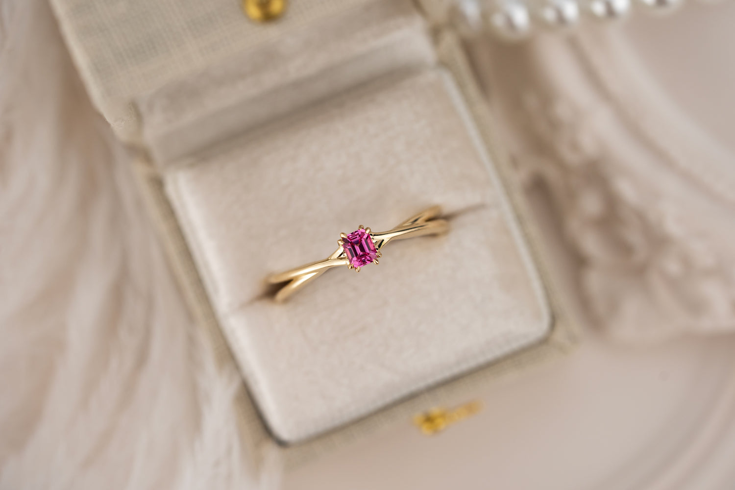 The Fates Ring | 0.21 CT Emerald Cut Hot Pink Spinel