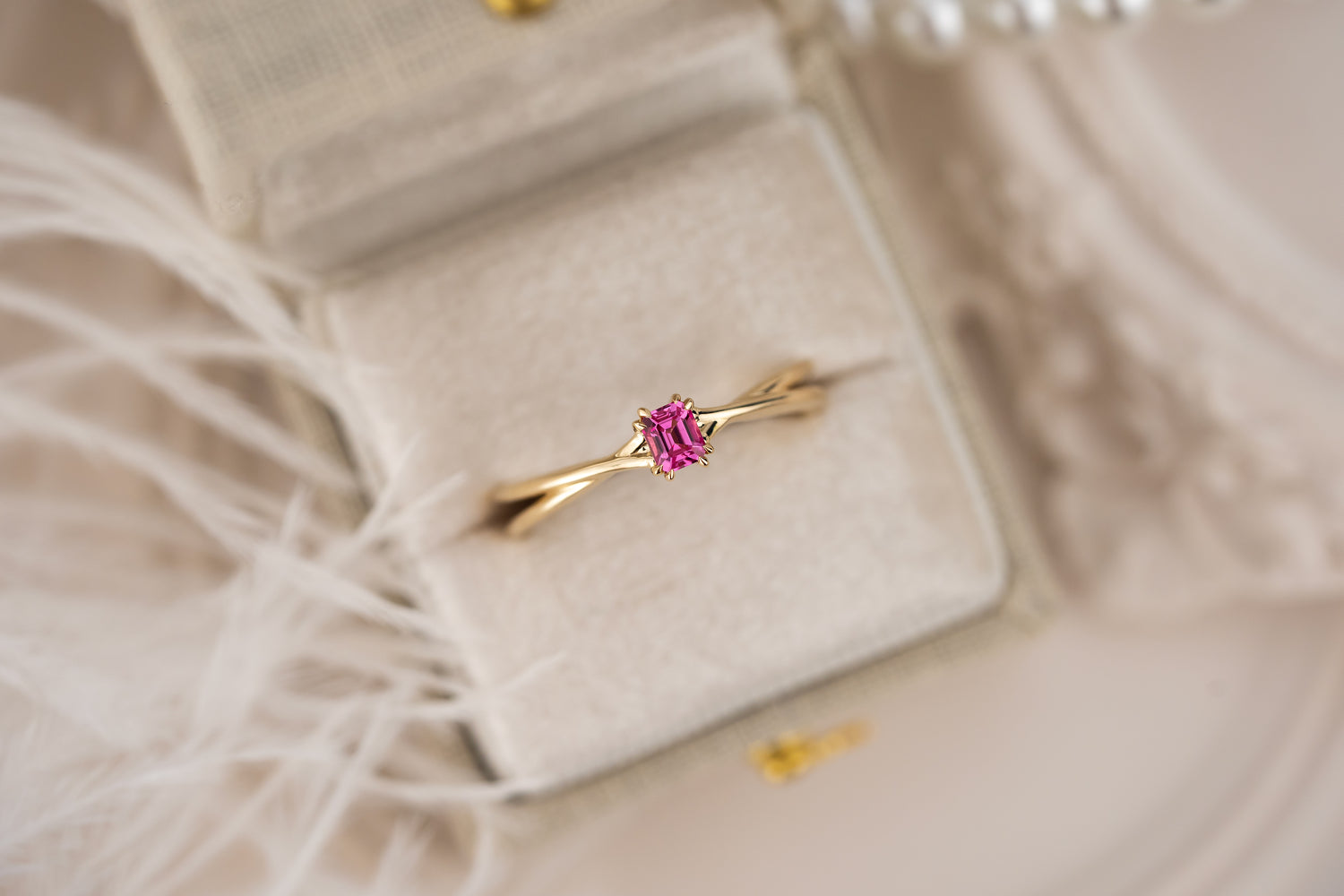 The Fates Ring | 0.21 CT Emerald Cut Hot Pink Spinel