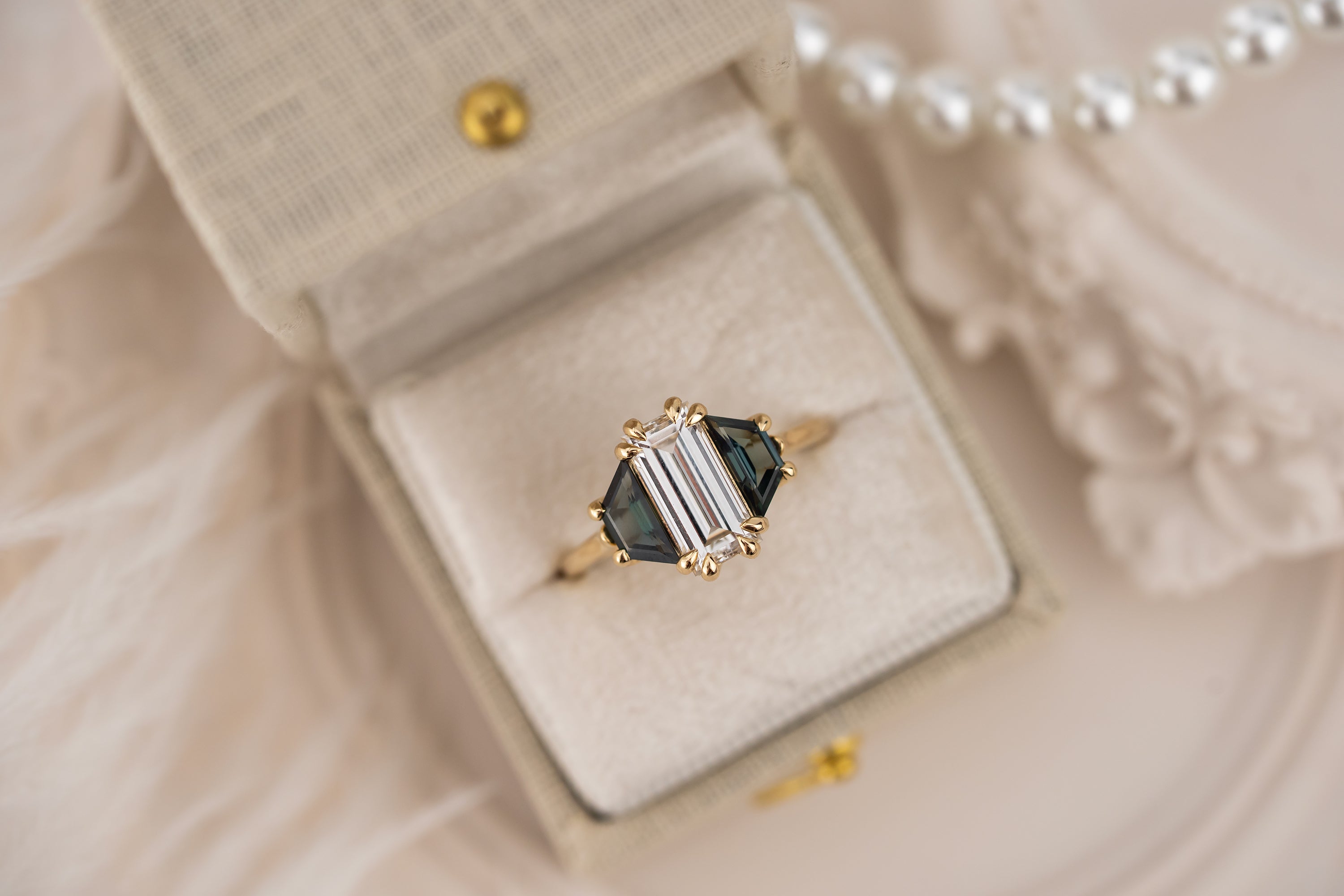 The Tria Ring | 1.67 CT Baguette Diamond + Teal Sapphire