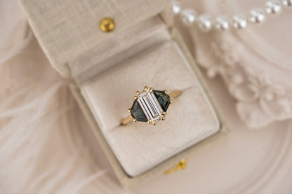 The Tria Ring | 1.67 CT Baguette Diamond + Teal Sapphire