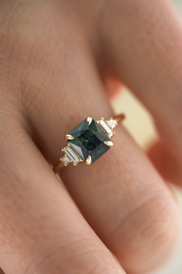 The Mira 3 CT Radiant Teal Sapphire Ring