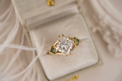 The Willow Ring | 4 CT Square Radiant Diamond + Kite Green Sapphire