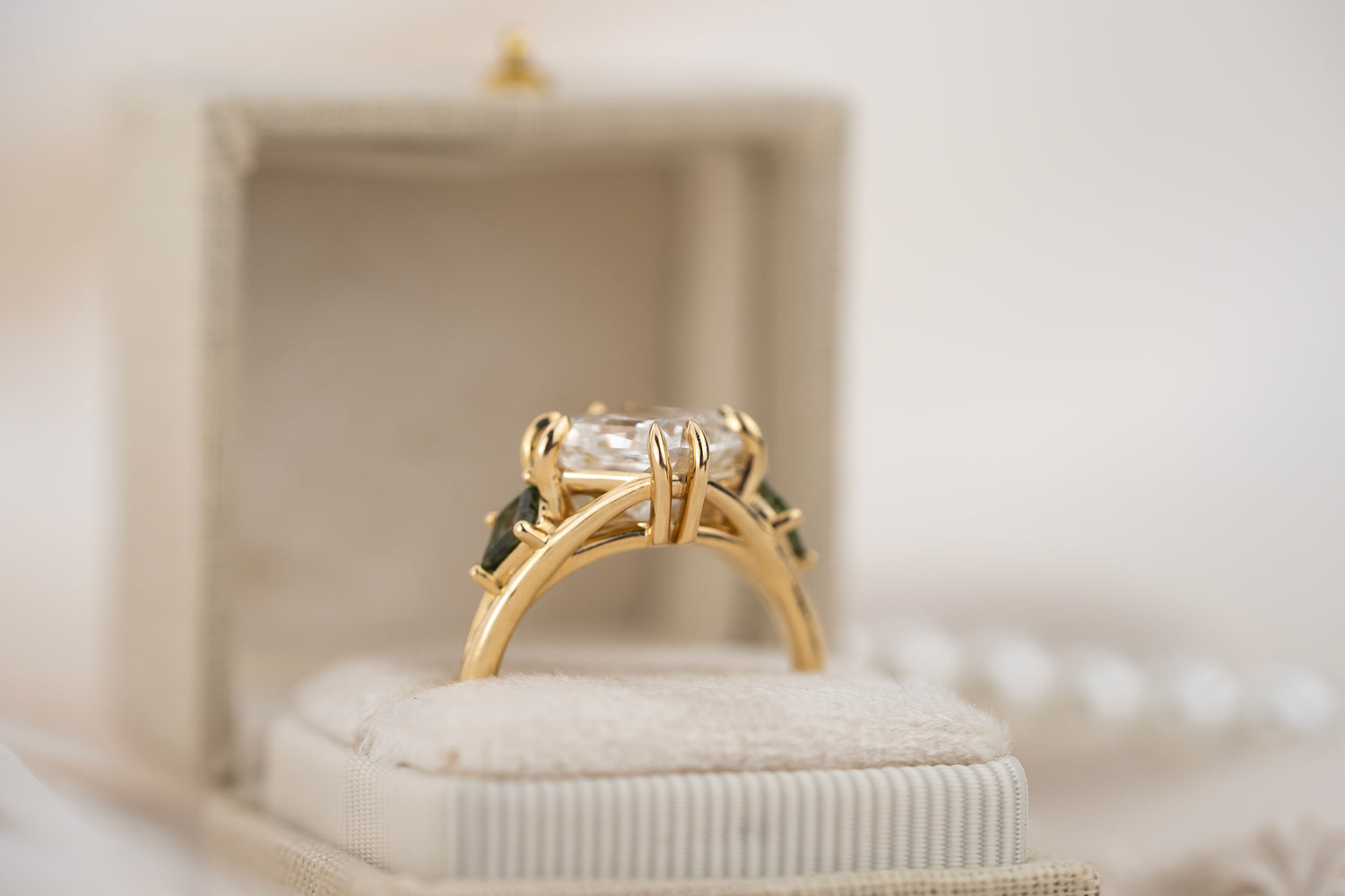 The Willow Ring | 4 CT Square Radiant Diamond + Kite Green Sapphire