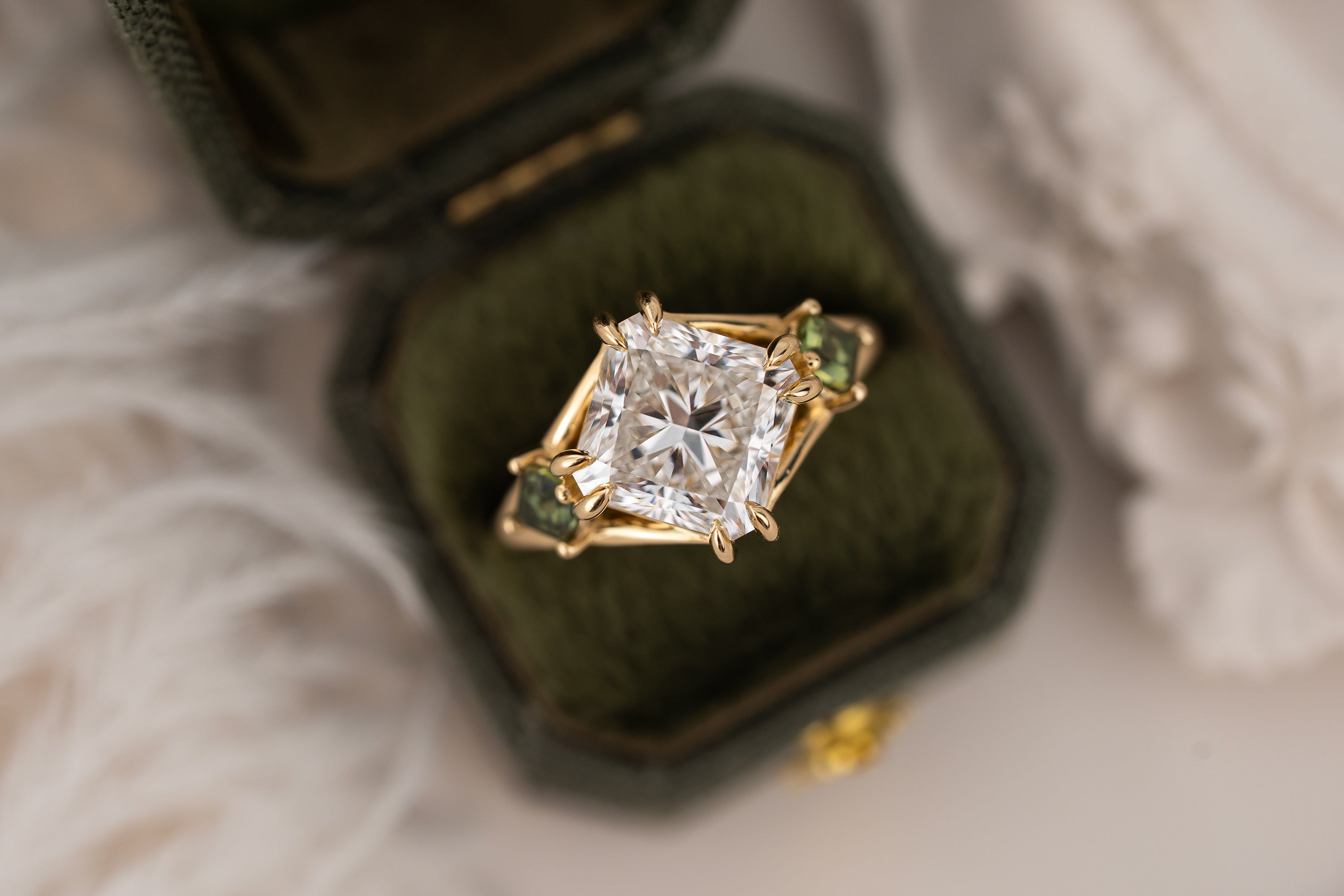 The Willow Ring | 4 CT Square Radiant Diamond + Kite Green Sapphire