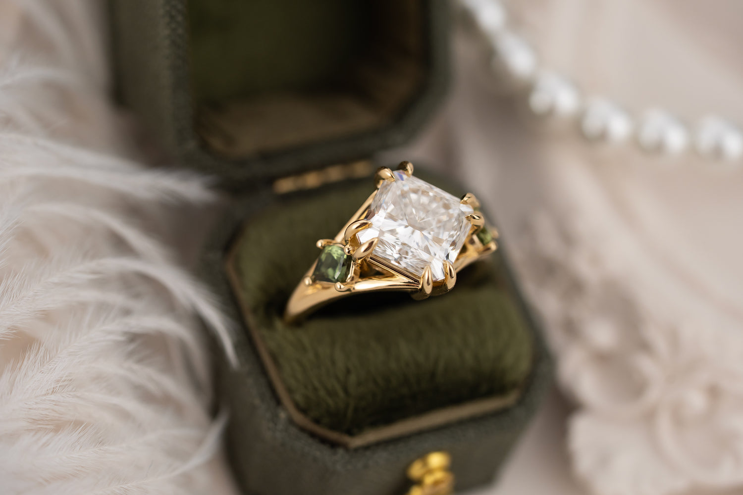 The Willow Ring | 4 CT Square Radiant Diamond + Kite Green Sapphire