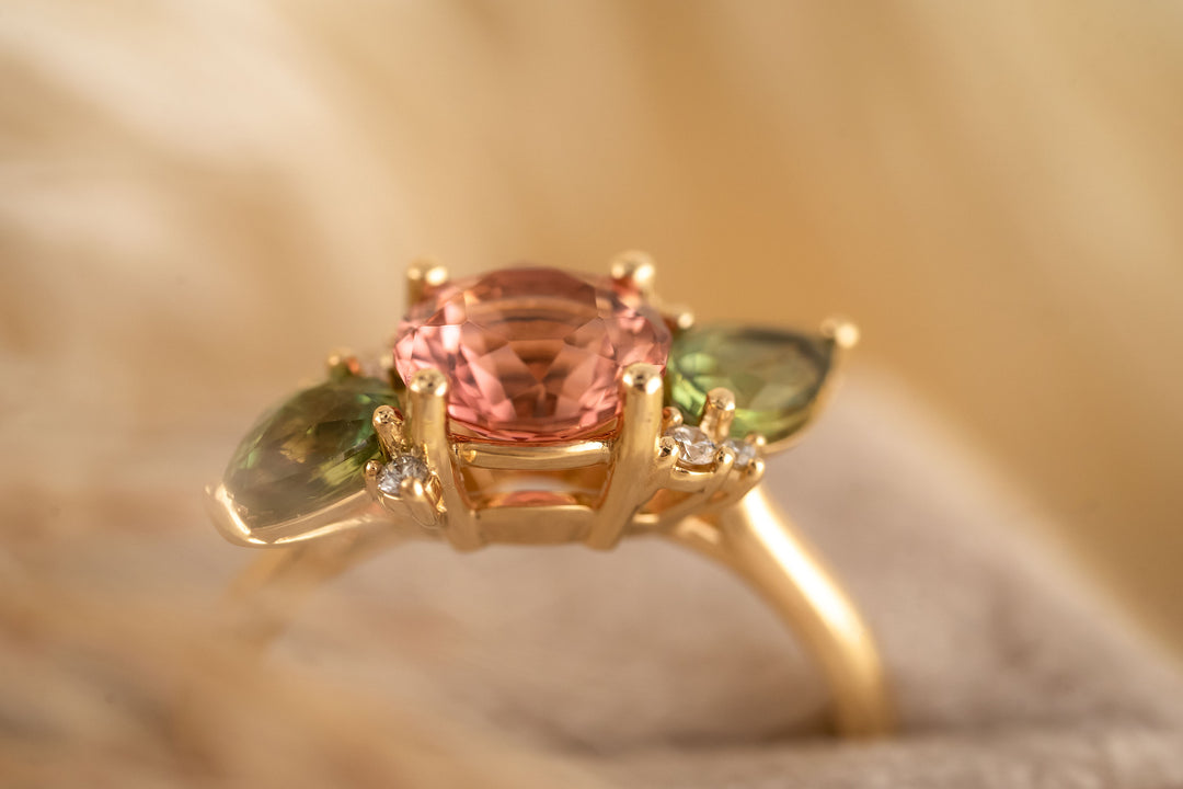 The Fleur 1.75 CT Portuguese Pink Tourmaline + Green Sapphire Ring