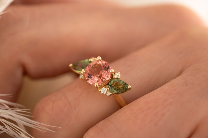 The Fleur 1.75 CT Portuguese Pink Tourmaline + Green Sapphire Ring