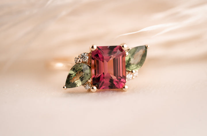 The Fleur 2 CT Emerald Cut Rubellite Tourmaline + Green Sapphire Ring