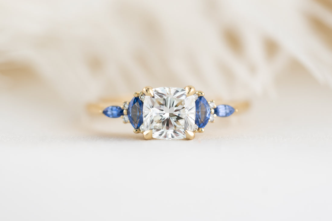 The Maeve Ring - 1.2 CT Cushion Lab Diamond + Royal Blue Sapphire - Lavender Creek Gems 