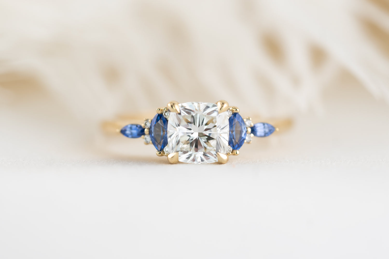 The Maeve Ring - 1.2 CT Cushion Lab Diamond + Royal Blue Sapphire - Lavender Creek Gems 