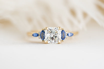 The Maeve Ring - 1.2 CT Cushion Lab Diamond + Royal Blue Sapphire - Lavender Creek Gems 