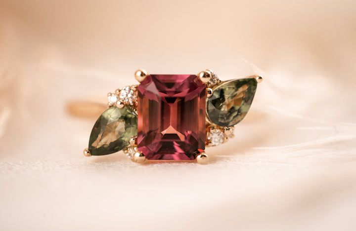 The Fleur 2 CT Emerald Cut Rubellite Tourmaline + Green Sapphire Ring