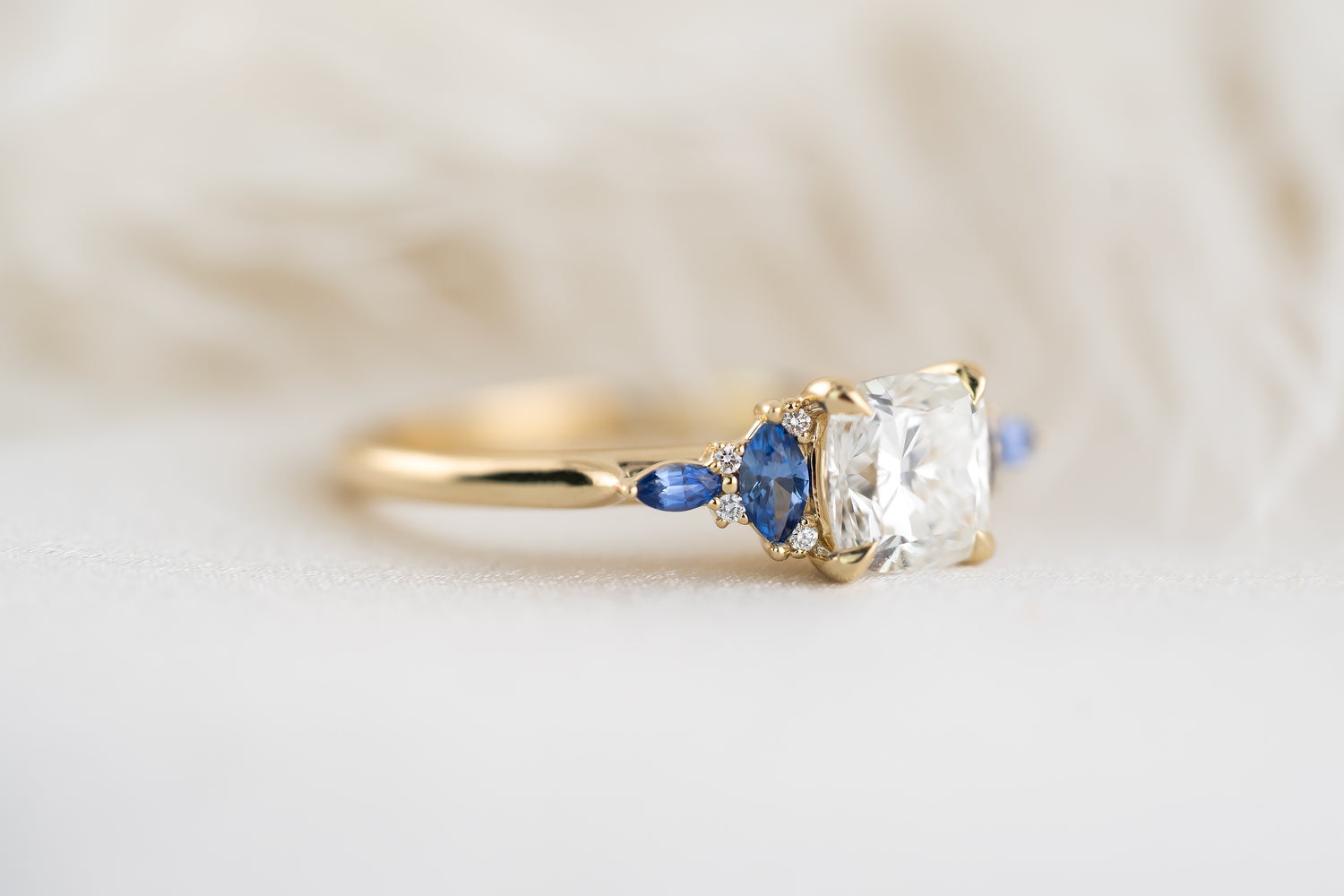 The Maeve Ring - 1.2 CT Cushion Lab Diamond + Royal Blue Sapphire - Lavender Creek Gems 