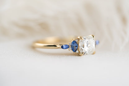 The Maeve Ring - 1.2 CT Cushion Lab Diamond + Royal Blue Sapphire - Lavender Creek Gems 