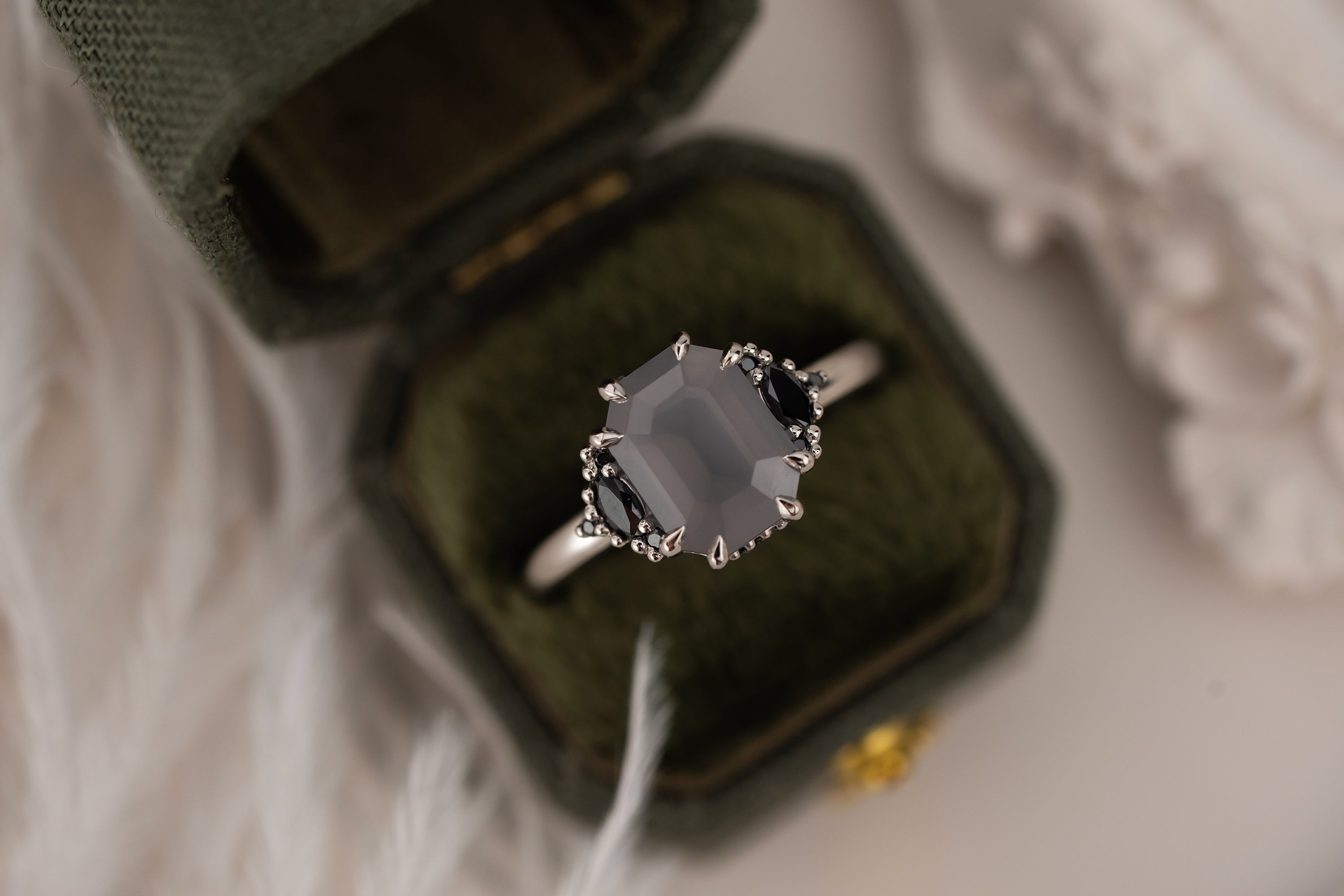 The Low Maren Ring | 3.8 CT Emerald Cut Gray Opalescent Sapphire