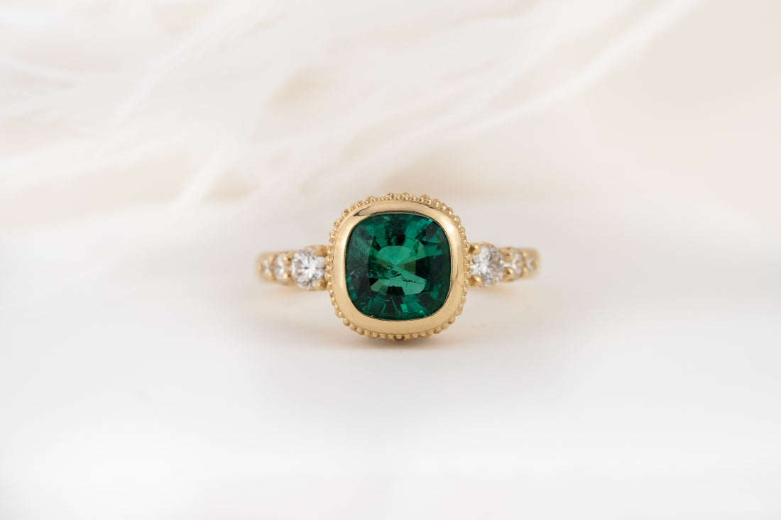 The Sitara Ring | 1.41 CT Cushion Cut Emerald - Lavender Creek Gems 