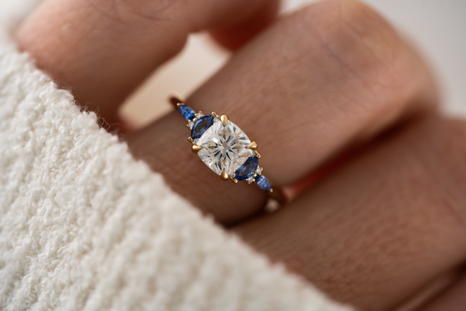 The Maeve Ring - 1.2 CT Cushion Lab Diamond + Royal Blue Sapphire - Lavender Creek Gems 