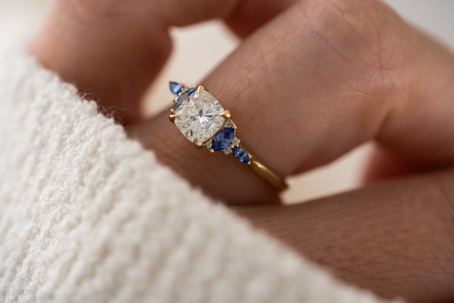 The Maeve Ring - 1.2 CT Cushion Lab Diamond + Royal Blue Sapphire - Lavender Creek Gems 