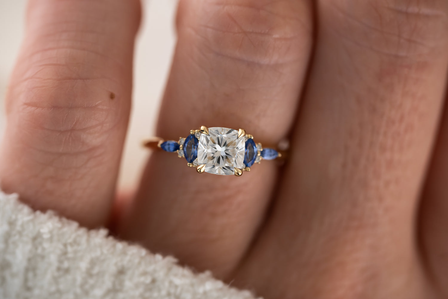 The Maeve Ring - 1.2 CT Cushion Lab Diamond + Royal Blue Sapphire - Lavender Creek Gems 