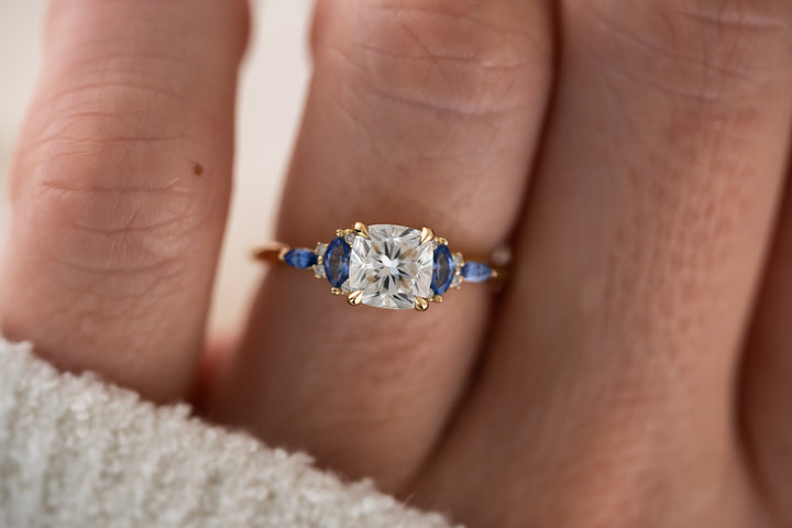 The Maeve Ring - 1.2 CT Cushion Lab Diamond + Royal Blue Sapphire