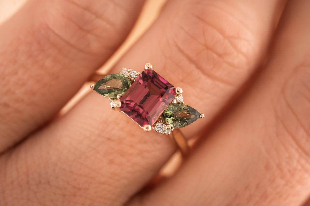 The Fleur 2 CT Emerald Cut Rubellite Tourmaline + Green Sapphire Ring