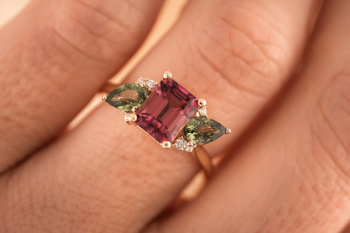 The Fleur 2 CT Emerald Cut Rubellite Tourmaline + Green Sapphire Ring
