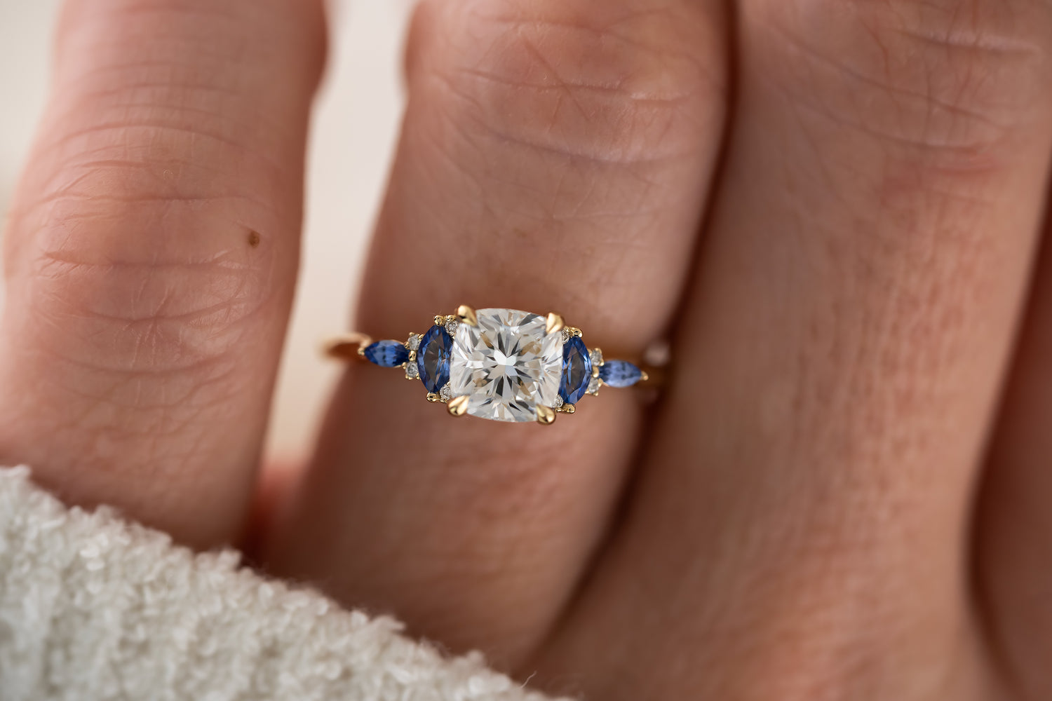 The Maeve Ring - 1.2 CT Cushion Lab Diamond + Royal Blue Sapphire - Lavender Creek Gems 