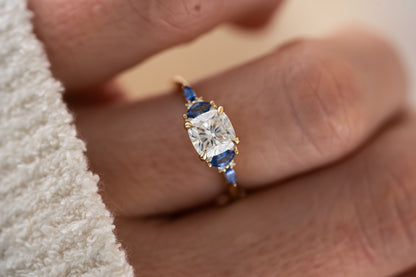 The Maeve Ring - 1.2 CT Cushion Lab Diamond + Royal Blue Sapphire - Lavender Creek Gems 